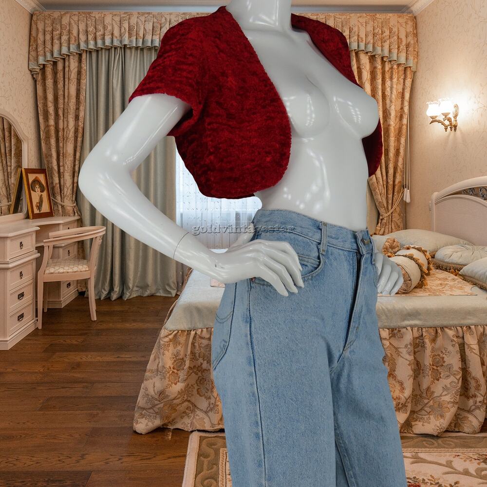 Red Faux Fur Cropped Jacket Vintage USA Made S
